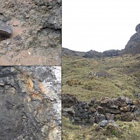 Negro labor spanish adits (up to 60m long), with strong diseminated black-greyish sulfides. Pic on the right shows old dumps of dark mineralized material.
