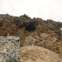 The B-1 hydrothermal breccia pipe with strong silica-tourmaline-sulphides-FeOx in matrix. Site of an historic 1996 diamond drill hole which returned 61.5m grading 1.92 g/t Au, 145.8 g/t Ag and 1.82% Cu.