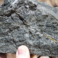 Ocros sample, showing intense alteration. Quartz-biotite-magnetite-chalcopyrite-bornite, with stockwork of magnetite
